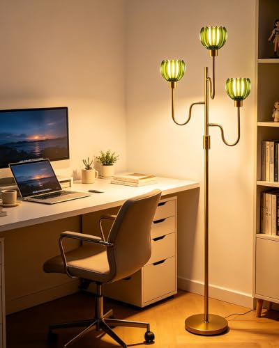 Image of Lightdot Dimmable Green Glass Floor Lamp Mid Century Modern Gold Floor Lamps with Warm White Bulbs Included 3-Arm Standing Tall Lamp with 5Lbs Heavy Base for Living Room /Bedroom /Home Office