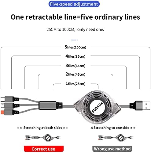 SDBAUX 3A Multi Charger Cable, 3 in 1 Retractable USB Fast Charge 2Pack/1M with iP Micro USB Type C Port Lead Cord, Compatible Cell Phones, Galaxy, Google, LG, Sony