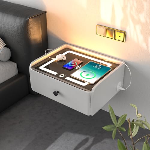 ihomemore Comodino Sospeso Comodino con Stazione di Ricarica 2 porte USB e TYPE-C Ricarica Wireless Luci LED Camera da Letto Opzioni Per i Giovani Bianco