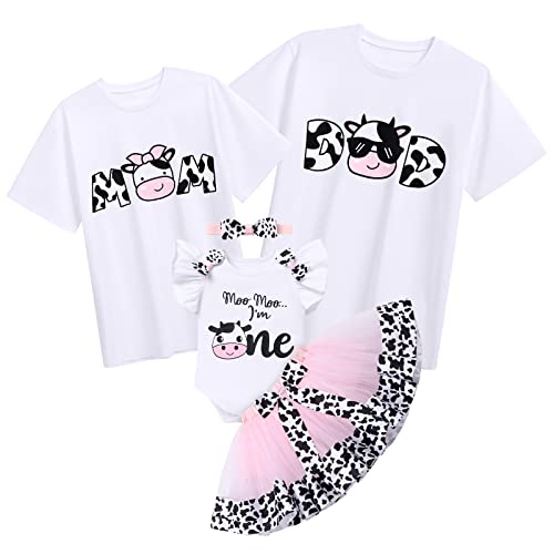 Family Birthday Matching Outfit Baby Girls Dad and Mom Melon Watermelon Cow Print Short Sleeve Round Neck Romper T Shirt Tops Cake Smash Summer Clothes Set for Photo Shoot Cow Mommy X-Large