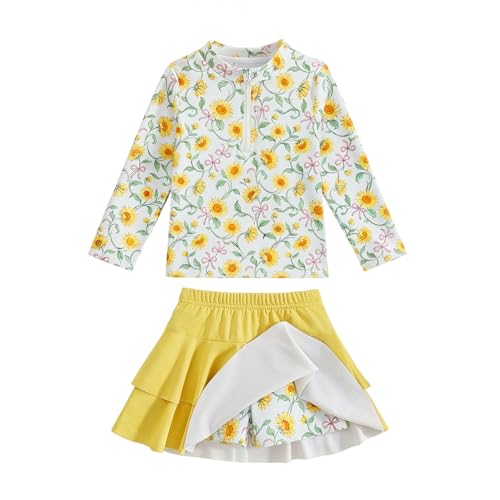 Image of Girls Rash Guard Swimsuit Set UPF 50+ Long Sleeve Two Piece Swimwear Half Zip with Skirt Bottom for Kids 3-10Y