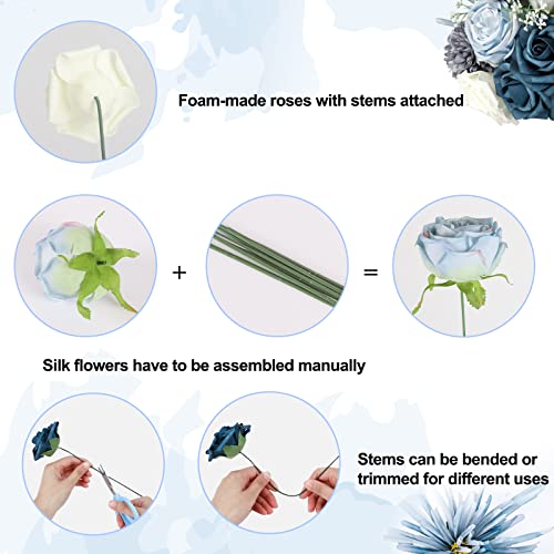Whonline Dusty Blue Flowers Combo Artificial Flowers Fake Roses Heads For Diy Wedding Bouquets Kissing Balls Centerpieces Party Baby Shower Or Home Decoration (22Pcs Dusty Blue & White) #TOP3
