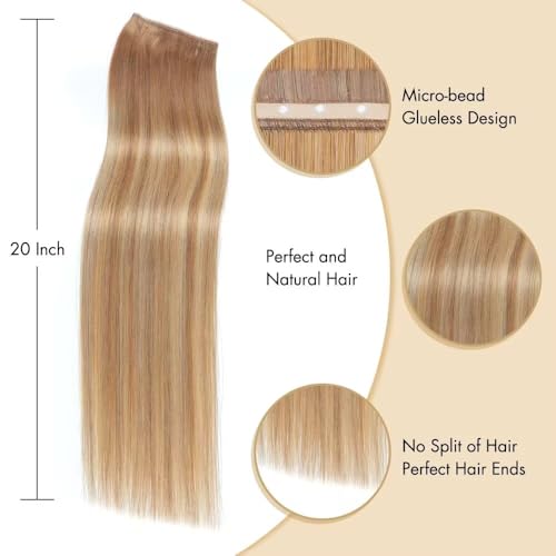 Image of YDDM Double Invisible PU OVO Butterfly Weft Human Hair Extensions 20in Remy Human Hair Glueless Micro Beads Heat-Friendly Comfortable for Women Daily(Gold Brown Mixed Dark Blonde)