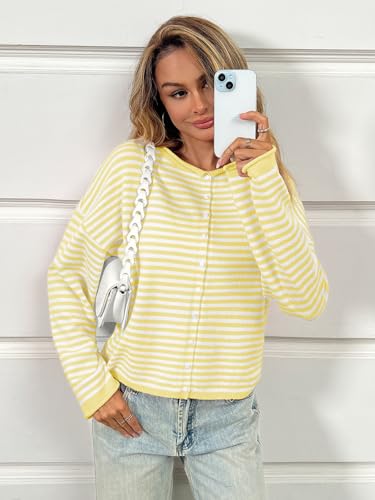 Image of Saodimallsu Womens Striped Cardigan Casual Long Sleeve Open Front Button Down Loose Knit Lightweight Fall Sweaters