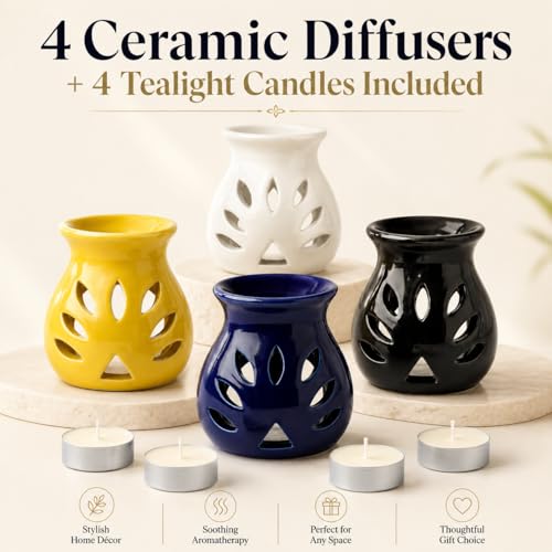 Image of BRAHMZ Ceramic Aroma Diffuser Set of 4 with 4 Tealight Candles | Tea Light Candle Diffuser | Essential Oil Burner for Home Fragrance, Aromatherapy, Living Room & Bedroom