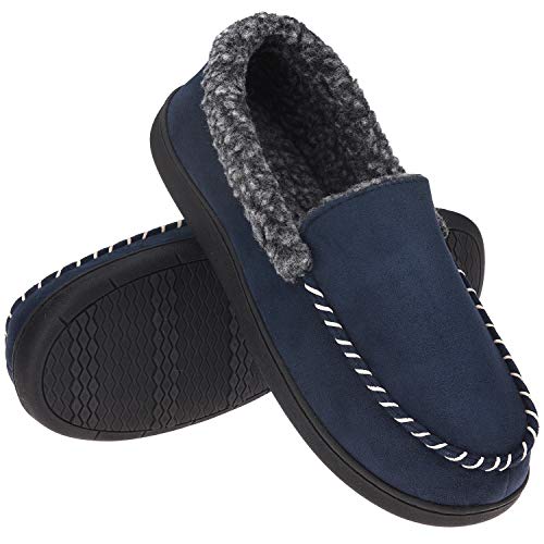 Vonmay Men's Moccasin Slippers Fuzzy Warm House Shoes Fleece Memory Foam Indoor Outdoor, Navy Blue, Size 11 #TOP1