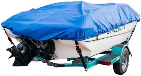 Trailerable Boat Cover, Upgraded Heavy Duty Waterproof Boat Cover for Center Console Boat Marine Grade Canvas, Oxford Fabric Fits V-Hull, Tri-Hull, Fishing Ski, Runabout Boat with Strap(Blue)