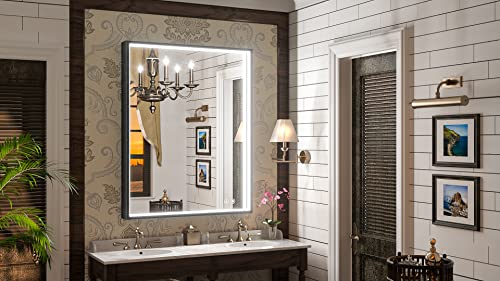 Tokeshimi 28 X 36 Inch Led Black Lighted Bathroom Vanity Mirror With Non-Rusting Aluminum Alloy Matte Frame 3 Colors Side Lights Anti-Fog Memory Funtion Stepless Dimmable For Bathroom Decor #TOP1