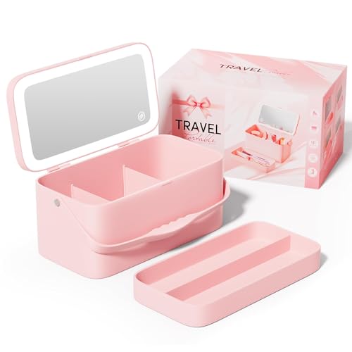 Buqikma Makeup Mirror with 3-Color LED Lights & Layered Storage Rechargeable Vanity Mirror with Compartments Travel Makeup Organizer Gift for Women (P