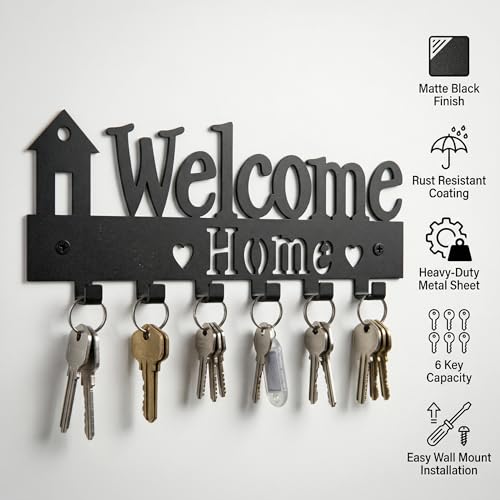 Image of Ventuos Metal Wall Mounted Key Holder with 6 Hooks, Welcome Home Design, Key Organizer for Home Office Bedroom Entryway