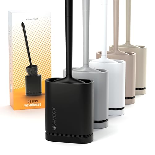 SAVEGA - Silikon Klobürste mit flachem und biegsamem Kopf - Toilettenbürste aus Silikon mit schnell trocknendem Halter - Moderne WC Bürste für die Wandmontage ohne Bohren (schwarz, matt) - 1er Set