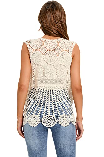 Women's Crochet Vest Sleeveless Boho Lace Cardigan (Round Flower Apricot)2