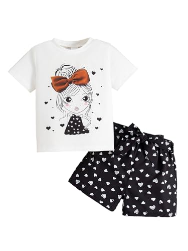 Image of Girl's 2 Pcs Outfits Short Sleeve Graphic T-Shirt Top and Paperbag Waist Shorts Set with Belt
