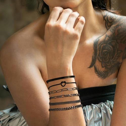 14K Real Gold Plated Cuff Bracelet Bangle Jewelry Set Stackable Trendy Dainty Love Heart Knot Infinity Beaded Ball Paperclip Chain Minimalist Bracelet,6 styles4