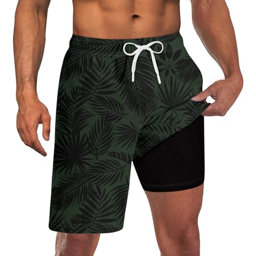 Goodstoworld Mens Swimsuit Trunks with Compression Liner Hawaiian Palm Tree Swimming Trunk Board Shorts for Men 9 Inch Inseam 2 in 1 Quick Dry Bathing Suits Festival Vacation