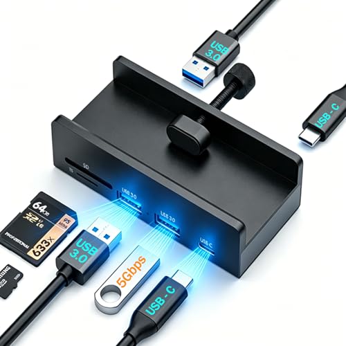 Image of COMFYHOME Clamp USB Hub 3.0 for PC,5 Multi Port Adapter with USB3.0,USB C,SD /TF Card Reader,5Gbps High Speed Data Transfer,USB Port Dock for Table Desktop Laptop Mac