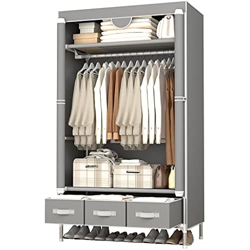 Portable Clothes Closet Rolling Door Wardrobe with Hanging Rack Non-Woven Fabric Storage Organizer with Three Drawer Boxes No-Tool Assembly - 35.4 x 17.7 x 67.0 ‘’ (Gray)