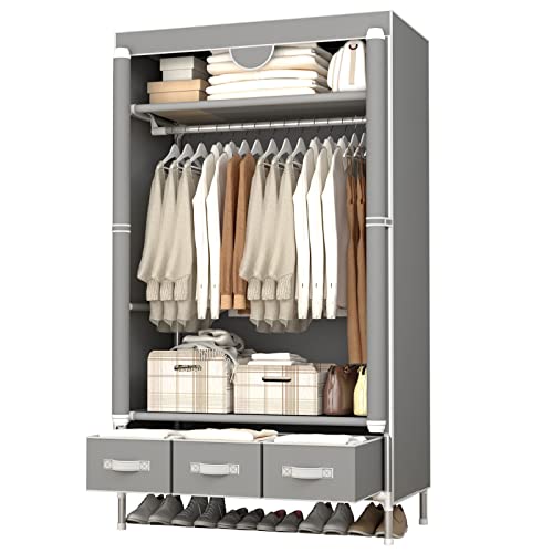 Portable Clothes Closet Rolling Wardrobe with Drawers (Gray)