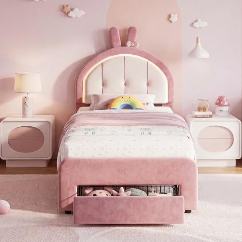 Lit rembourré pour enfant 90 x 200 cm, lit simple pour fille, lit de princesse, lit pour enfant, 90 x 200 cm, avec LED et tiroir de rangement, tissu velours, tête de lit rembourrée en forme de lapin