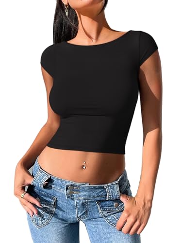 REORIA Women's Sexy Backless Going Out Crop Tops Double Lined T Shirts Open Back Y2k Trendy Crop Tops3
