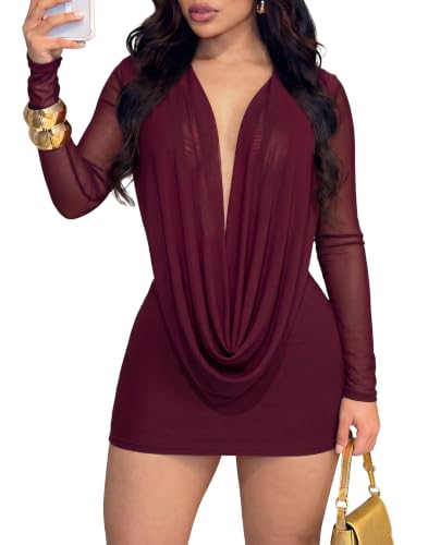 Image of Ekaliy Women's Sexy Backless Mini Dress Cowl Neck Long Sleeve Mini Dress, Wine Red, L