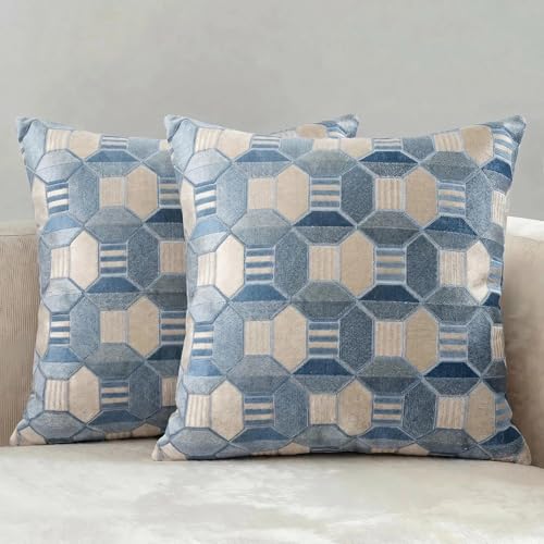 Modern Geometric Throw Pillow Cover 18x18 Set of 2 Decorative Couch Pillow Case Sofa Bed Chair Living Room Jacquard Cut Pile Hexagon Pattern Home Decor Pillowcase Blue