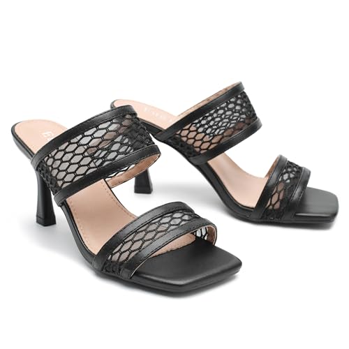 Women's Two Straps Sandals Mesh Mule Slip On Open Toe Kitten Heeled Sandals Wedding Bridal Party Dress Shoes3