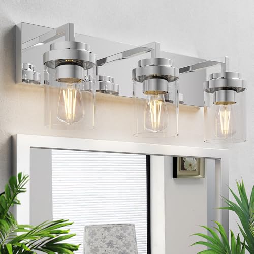 Image of Chrome Light Fixtures, 3 Light Bathroom Vanity Light with Clear Glass Shade, 22in Modern Vanity Light, Bathroom Lighting Fixtures Over Mirror for Living Room