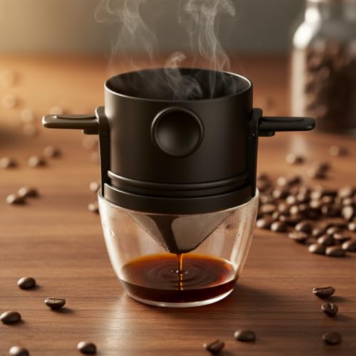 Image of Reusable Pour Over Coffee Filter with Dual-Layer 304 Stainless Steel Mesh, Foldable Handles, BPA-Free Coffee Dripper Filter for Single Cup Brewing, Portable Reusable Coffee Filter