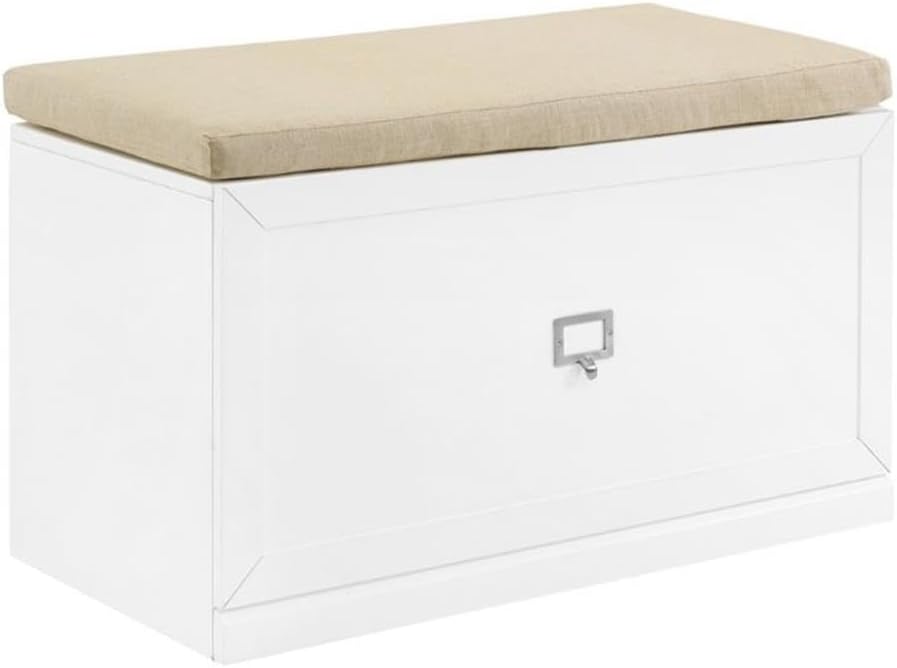 BOWERY HILL Modern Wood Entryway Bench, 20.5" H x 33" W x 16.5" D, White/Tan Finish, Linen Seat Cushion, Large Storage Drawer, Modular Design, Living Room or Entryway Furniture