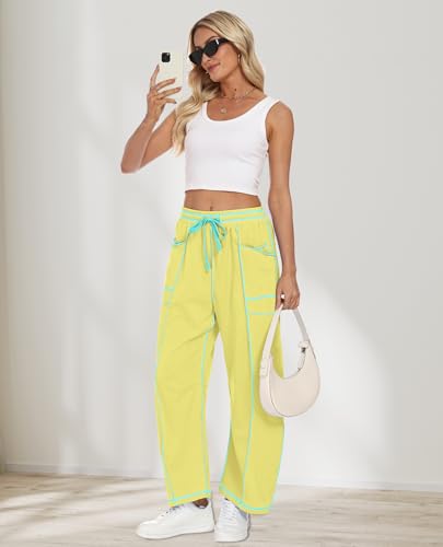 CHANGEOWN Barrel Pants for Women, Wide Leg Baggy Sweatpants Drawstring High Waisted Lounge Trousers with Pockets, Relaxed Fit Casual Pants, Lemon Yellow, 2XL — view 2