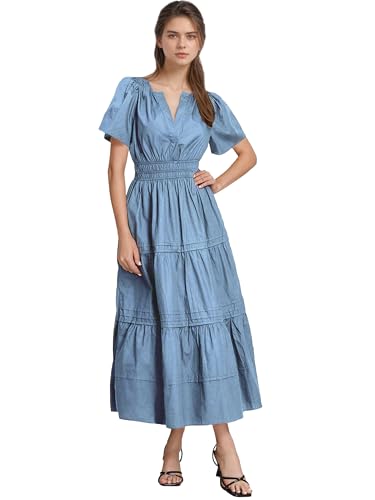 Image of ShallWe Women's Basic Plain Summer Dress Casual Long Maxi Short Sleeve Layered Cotton V Neck A Line Fashion Travel