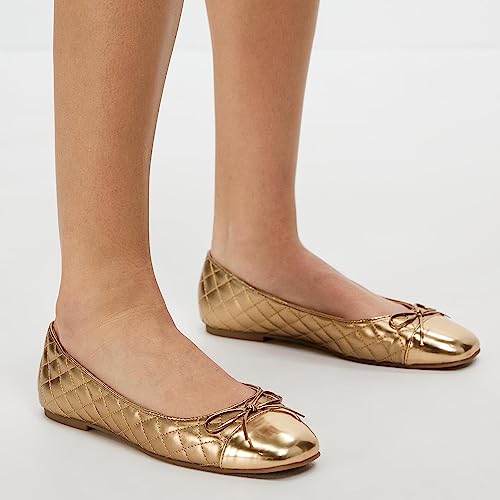 MOOMMO Women Cap Toe Flats Bow Slip On Ballet Flats Comfort Quilted Metallic Flat Shoes Round Toe Flat Heel Dress Shoes Office Ladies Party Chic Driver Flats Cute Quilted Gold Size 7.5 M US3