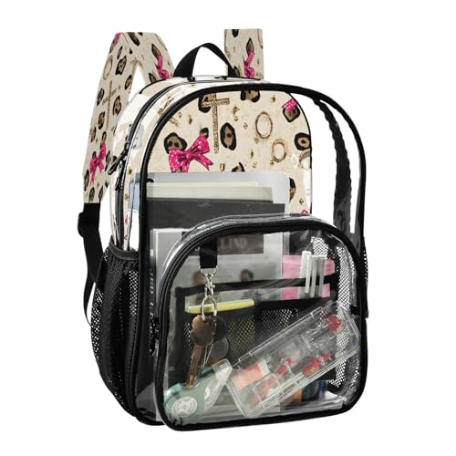Clear Backpack for School Leopard Print Pink Bow Pattern Transparent Bookbag for Girls See Through PVC Boy Backpacks2