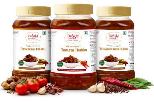 Image of Delight Foods Mylapore Iyer's Karnataka Special Combo 2.4kg (800g x 3) | Vathakozhambu, Tomato Thokku & Pulikachal Paste | Authentic Tamil Brahmin Style Pickle & Ready Rice Mix