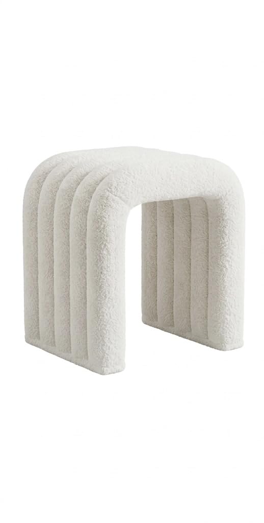 Modern Boucle Ribbed U-Stool, Premium White Ottoman Footrest for Living Room, Vanity Stool for Dressing Table, Luxury Soft Upholstered Bench (Ivory White)-image-13