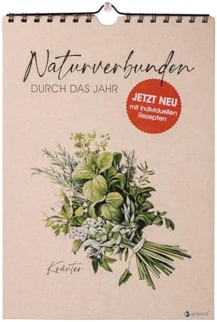 Kräuterkalender DIN A4 mit QR-Code Rezepten - Nachhaltig auf Graspapier - 12 Kräuter Wandkalender