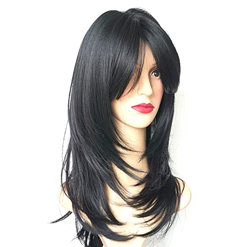 Image of Women's Full Head Wig - Shoulder Straight Length Natural Black Layered Synthetic Hair Extension for Women and Girls