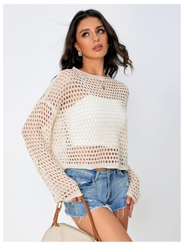 Image of Verdusa Women's Crochet Hollow Out Drop Shoulder Sweater Knit Pullover Tops Apricot Medium