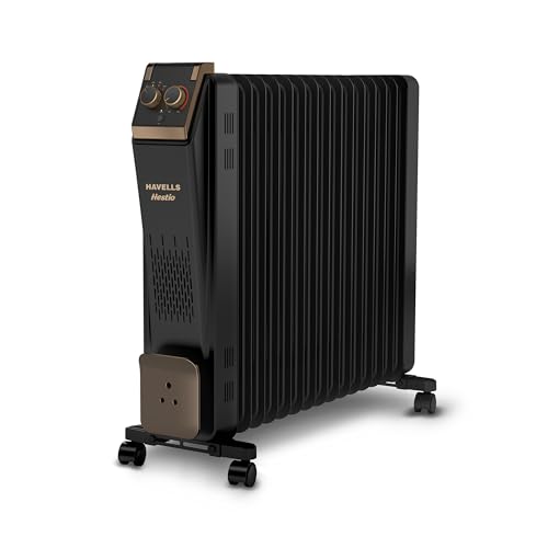 Image of Havells 15 Fin Oil Filled Room Heater (OFR) | Advanced New U-Tech Fast Heating Fins with 10-Year Warranty | 2900W | ISI Approved | PTC Fan Heater | Inclined Control Panel | Black