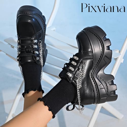 Image of Women's Platform Sneakers Fashion Wedge Chunky Black Casual Y2K Bride Wedding Sneaker Heels Platform Shoes for Women with Chains plataformas de Mujer Size 5.5-11