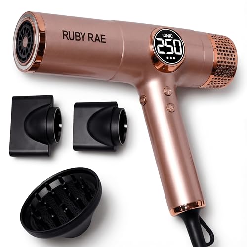 RUBY RAE Ionic Hair Dryer 2000W, Professional Dual Voltage Blow Dryer with Diffuser, Lightweight Design, Fast Drying, Low Noise Technology, 3 Magnetic Attachments Suitable for All Hair Types