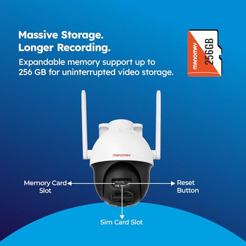 Image of MANOMAY Protect Pro 3MP 4G SIM Security Camera [STQC Approved] 360 Outdoor Pan Tilt CCTV, Smart AI Human Auto Tracking, Color Night Vision, Two-Way Audio, IP66 Waterproof, Alexa, 256GB Memory Card