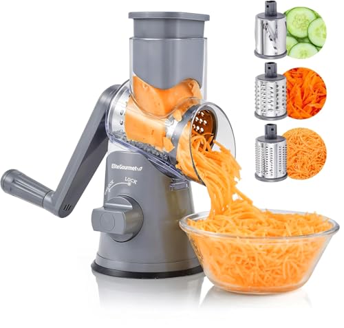 Elite Gourmet EFP593 Rotary Cheese Grater with 3 Stainless-Steel Blades for Slicing, Shredding & Fine Shredding, Strong Suction Base, Dishwasher-Safe, Grey by Elite Gourmet - Used condition - US$17.62
