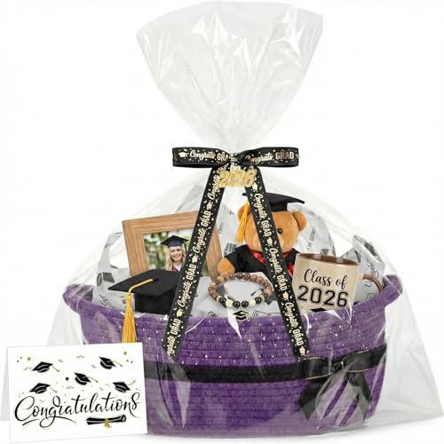 Colingmill Gift Basket for Graduation Empty Woven Basket with Gift Bag Bow and Tissue Paper Decorative Rope Baskets for 2026 Grad Keepsake Gifts 14x 10x 5.5(Deep Purple)