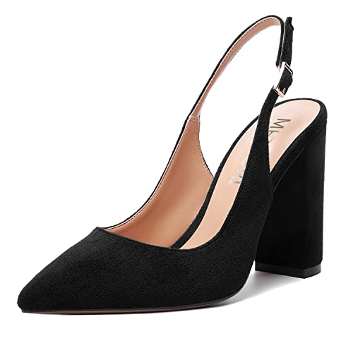 MERRORI Womens Slip On Block Elegant Suede Pointed Toe Bridal Dress Chunky High Heel Pumps Shoes 4 Inch