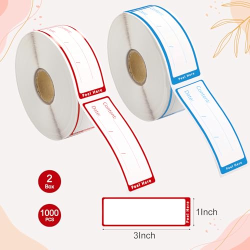1000 PCS Removable Freezer Labels with Dispenser - 1\" x 3\" Food Labels for Containers Freezer Tape, Easy to Peel Off, No Residue (Blue+ Red)