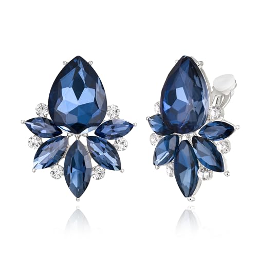 Image of EVER FAITH Vintage Rhinestone Clip On Stud Earrings for Women, Fancy Crystal Cluster Teardrop Art Deco Non Pierced Earring for Wedding Bridal Brides Navy Blue Silver-Tone