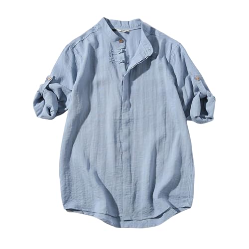Chemise lin homme col montant USTZFTBCL rétro vêtement respirant manches 3/4