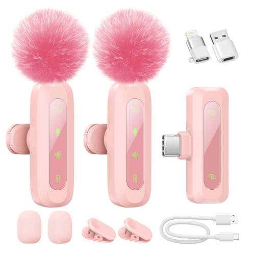 Microfono lavalier wireless per iPhone, iPad, telefoni Android, confezione da 2 mini microfono con riduzione del rumore, accoppiamento automatico e mute e riverbero per vlogging, registrazione video